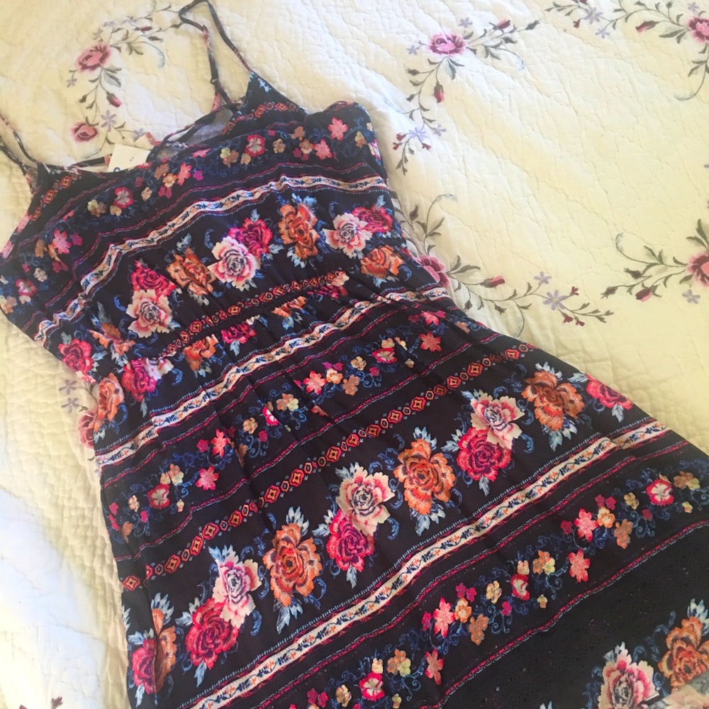 New Floral navy, hot pink and orange mini  sundress size large with lace trim